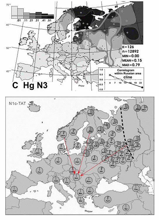 Частоты гаплогруппы N3 (N1c-TAT) Y-хромосомы в Европе