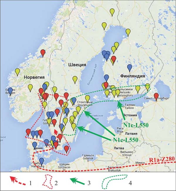 Места жительства в XVII - начале XIX вв. предков тестированных носителей субкладов R1a-Z280 - красные, R1a-M458 - синие и N1c-L550  - желтые на территории Скандинавии